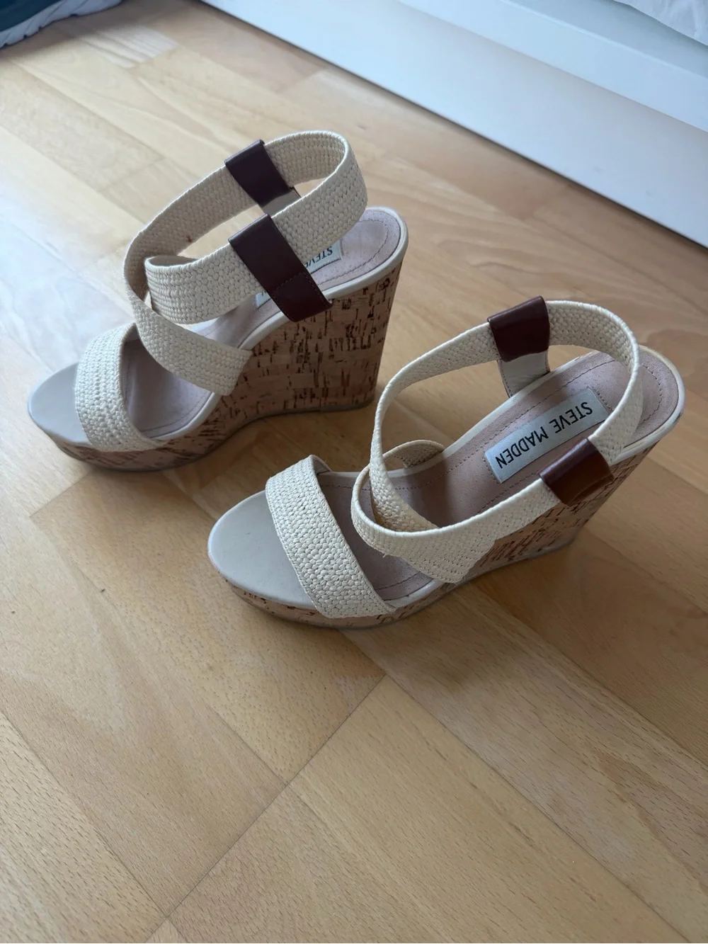 Steve Madden Cream Woven Strap Wedge Sandals with Brown Accent